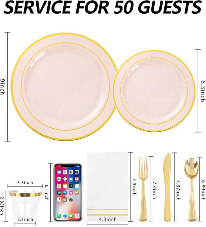 GATHER 350PCS Pink Plastic Plates with Gold Rim for Wedding Baby Shower | Pink Disposable Plastic Dinnerware Set include 100 Plates, 150 Silverware, 50 Napkins, 50 Cups for Party Birthday