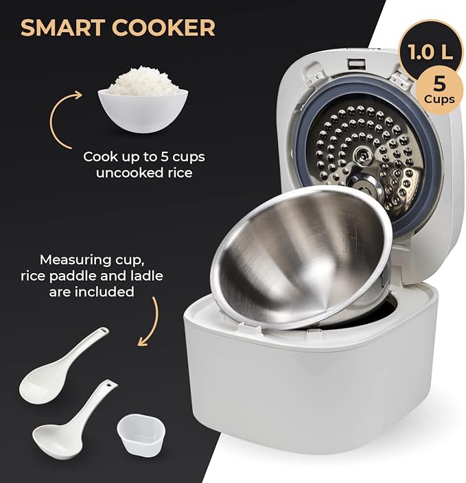 Buffalo SMART COOKER Induction Heating IH Rice Cooker and Warmer, 1 L, 5 cups of rice, Non-Coating inner pot, Efficient, Multiple function, White (5 cups) | Non-Stick 1L Electric Rice Maker, Warmer for White/Brown Rice, Grain - Easy-to-clean & Non-Coat...
