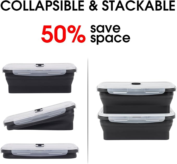 Collapsible Food Storage Containers with Lids, 4 Pack, 40 oz Silicone 1-Compartment Meal Prep Containers Reusable, Lunch Bento Boxes for Adults, Microwave Freezer Dishwasher Safe, BPA-Free, Black