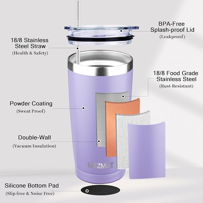 MEZMUT 20oz Insulated Tumbler Cup Travel Coffee Mug with Lid(Purple,4 Pack) | Stainless Steel Double Wall Vacuum Spill Proof Metal Tumbler Bulk with Lid and Straw, Hot or Iced Coffee Cup for Man Women
