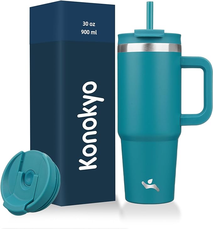Konokyo 30 oz Insulated Tumbler Water Bottle with Handle, Straw Lid | BPA-free and dishwasher safe; made for gym, travel, coffee and gifting, 2 straws, cup holder friendly,Blue