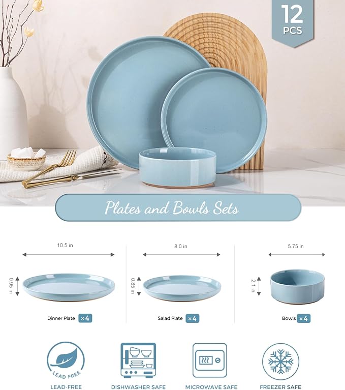 AmorArc Stoneware Dinnerware Sets for 4,12Pcs Plates and Bowls Set | Handmade Ceramic Dish Set,Dishwasher & Microwave Safe,Scratch Resistant-Light Blue