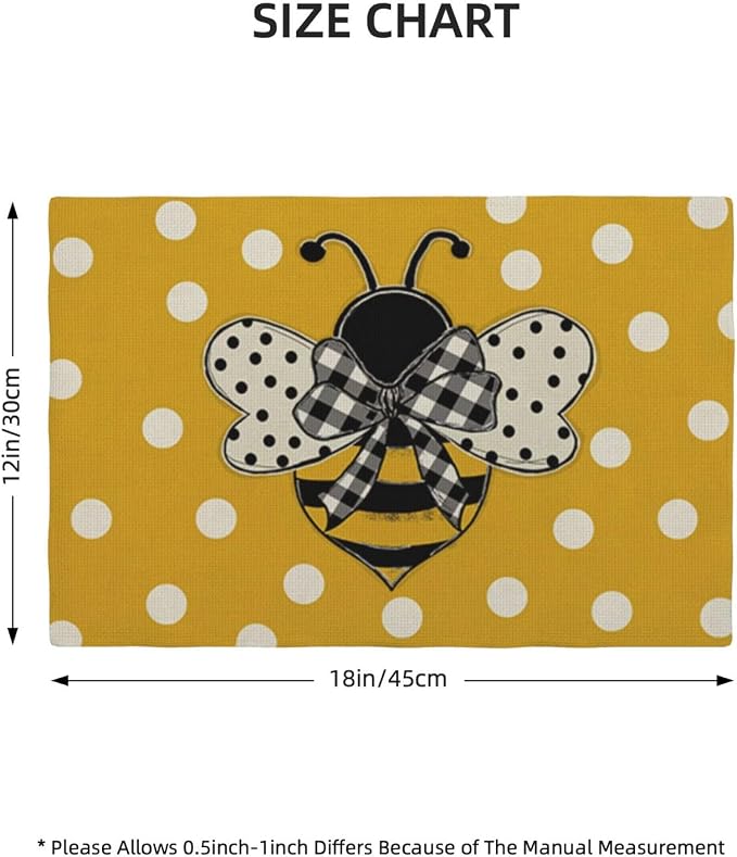 Bumble bee Placemats Set of 4, Yellow Polka Dots Honey Bee Decorative Table Mat 12 x 18 Inch Heat Resistant Non Slip Line Fabric Summer Place mat for Holiday Party Kitchen Dining Decor
