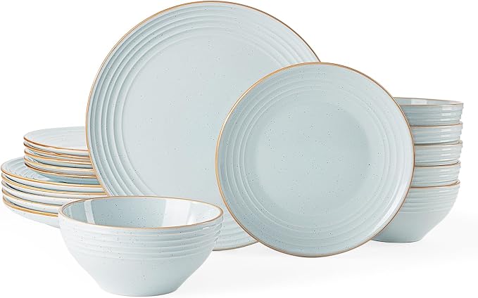 Famiware Jupiter Stoneware Dinnerware Sets, 18-Piece Speckled Dishes for 6 | Ceramic Plates & Bowls with Rim, Chip & Scratch Resistant, Microwave & Dishwasher Safe, Everyday & Formal Use, Neutral Blue