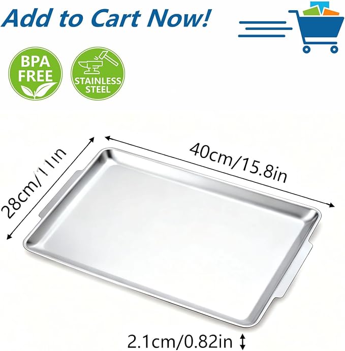 16.3" x 11" Large Serving Platters, Stainless Steel Heavy-Duty Large Serving Trays, Silver Rectangular Plates for Food, Fruit, Party, Wedding, Christmas, Chip and Scratch Resistant