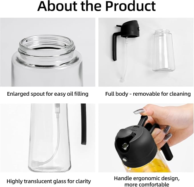 Aovdy Oil Sprayer for Cooking 16oz,2 in 1 Olive Oil Dispenser and Oil Sprayer - 470ml Olive Bottle Spray and Pour - Glass Oil Dispenser for Kitchen Cooking Salad BBQ (2PCS-Black)