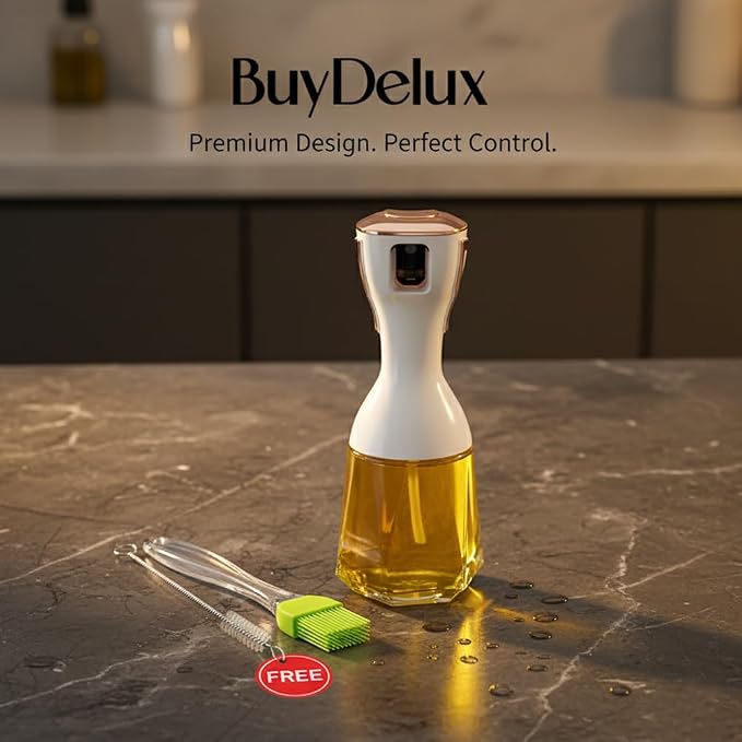 Continuous Mist Oil Sprayer 150ml with 2 Free Brushes for Cooking, Hair, Cleaning – Glass Olive Oil Dispenser, Refillable Mister for Air Fryer, Salad, BBQ (White Gold)