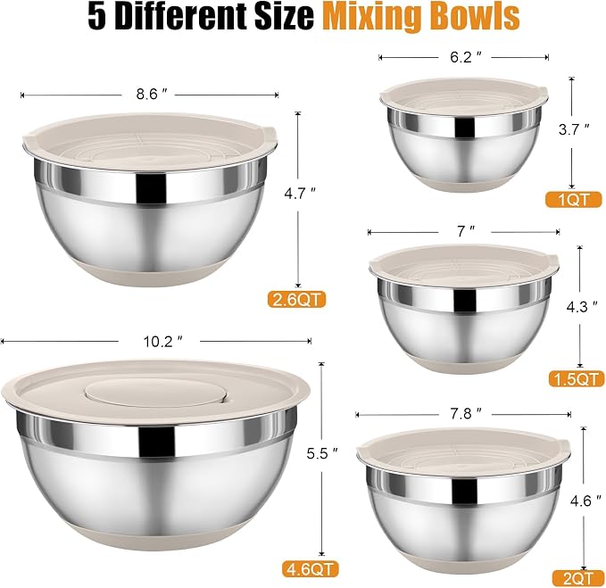 P&P CHEF Mixing Bowls with Lid Set, Nesting Bowl for Storing, Khaki | 5 Piece Stainless Steel Salad Mixing Bowls for Prepping, 3 Grater Attachments & Non-Slip Bottoms, Size 1/1.5/2 / 2.6/4.6 QT