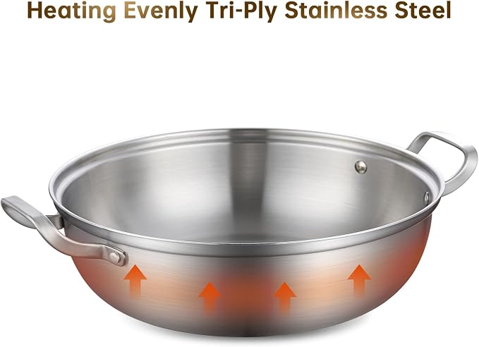 Yeksum Tri-Ply Stainless Steel Saute Pan,Deep Frying Pan with lid,Compatible with All Cooktops Up to 650℉, Everyday Pan,Hot Pot,Kadhai,Induction Cooking Pot,Dishwasher and Oven Safe (4QT)