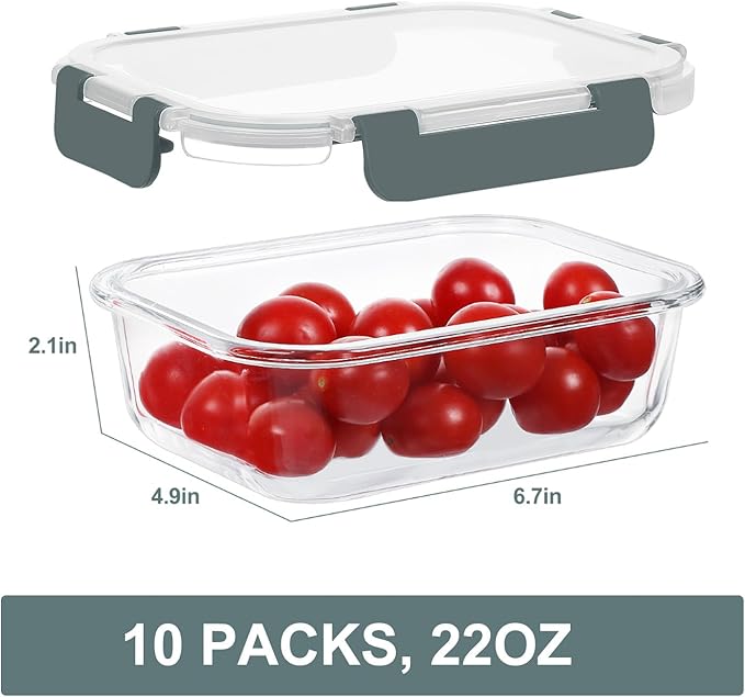 10 Packs 22 oz Glass Meal Prep Containers, Gray | Glass Food Storage Containers with Snap Locking Lids, Airtight Lunch Boxes, BPA-Free, Microwave, Oven and Freezer Safe