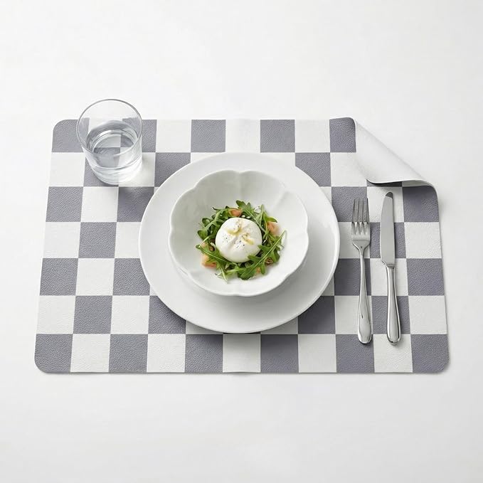 Set of 6 Checkerboard Non-Slip Washable Placemats for Dining Table | Waterproof & Heat-Resistant Faux Leather Mats | Easy Wipe Clean Tablemats for Indoor Dining, 17’’×12’’, Grey