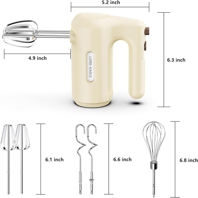 Lord Eagle 5-Speed Small Hand Mixer Electric, 300W Compact Portable, Cream | Handheld Kitchen Mixer Egg Beater with 5 Attachments & Storage Bag, Cake Supplies for Bread Dough Baking, Lightweight