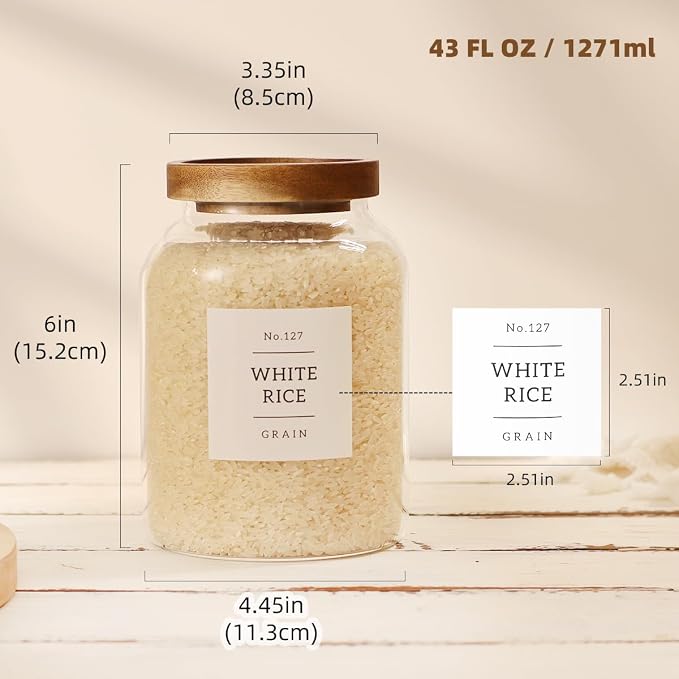 2 Pack Glass Food Storage Containers with Airtight Acacia Wood Lids and 132 Kitchen Pantey Labels Preprint - 43 LF OZ Borosilicate Glass Canister Sets for Food,Coffee,Cookie,Tea,Candy,Sugar