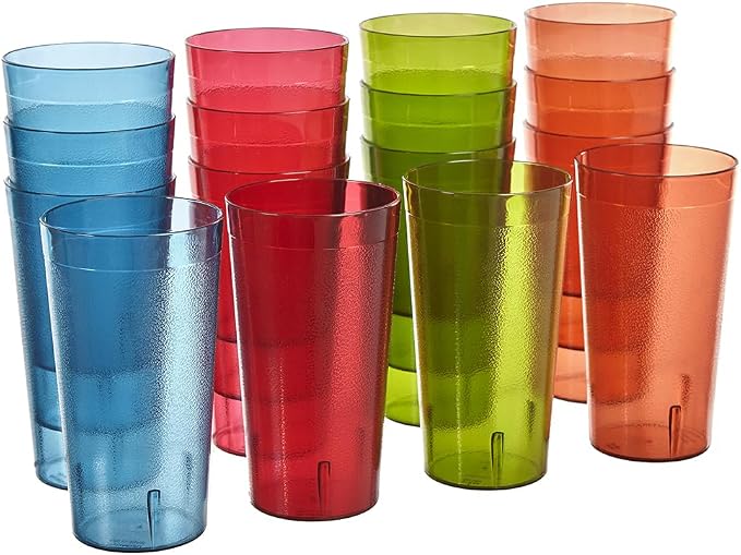 US Acrylic Cafe Plastic Reusable Tumblers (Set of 16) 20-ounce Water Cups Assorted Colors | Restaurant Style Drinking Glasses Value Set, Stackable, BPA-free, Made in the USA | Top-rack Dishwasher Safe