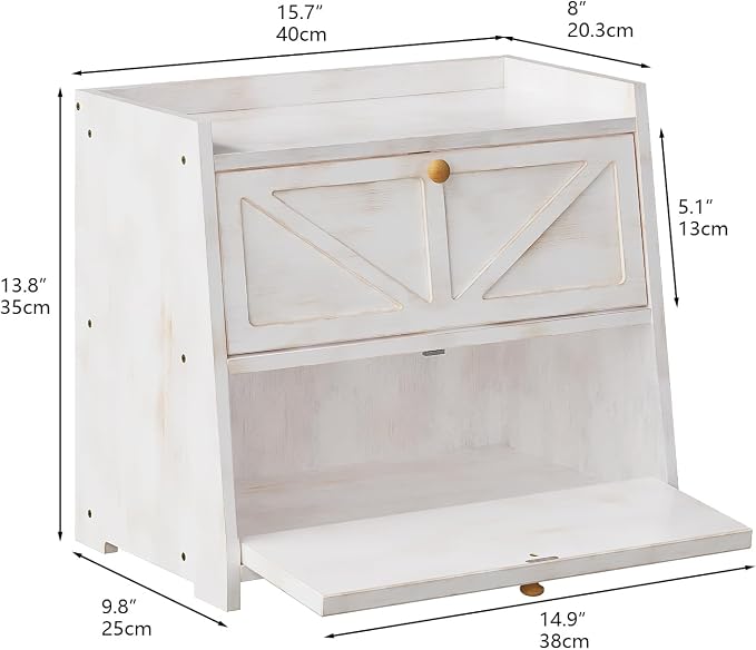 Trironsun Vintage Double Layer Bread Box for Kitchen Counter Bamboo Bread Storage Container Large Capacity Bread Storage Bin (Antique White)