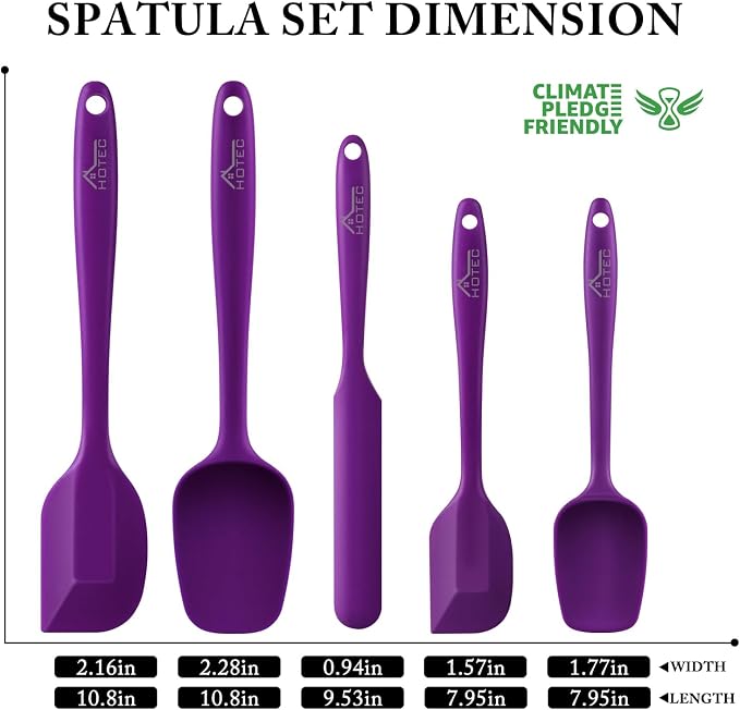 HOTEC 600℉ Heat Resistant BPA-Free Silicone Rubber Spatula Set for Baking, Cooking, and Mixing Non Stick Dishwasher Safe, Purple Set of 5