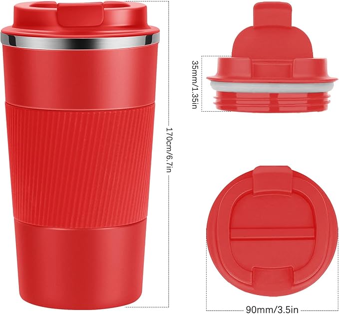 YINJOYI 17oz Travel Coffee Cups Insulated Mug Thermal Tumbler to Go with Lid Leak Proof Reusable Stainless Steel Coffee Mug Spill Proof for Hot and Iced Cold Drinks (Red, 510ml)