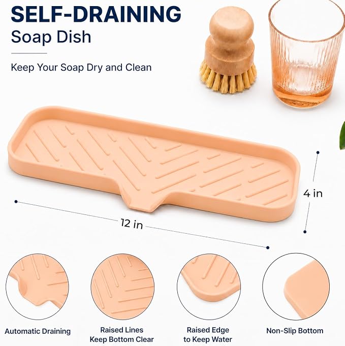 MicoYang Silicone Soap Dish with Drain Spout — Self-Draining Double Sink Organizer Tray for Kitchen & Bathroom, Dispensers, Sponges & Soap Holder, Non-Slip & Dishwasher Safe, Pink (Large, 12"×4")