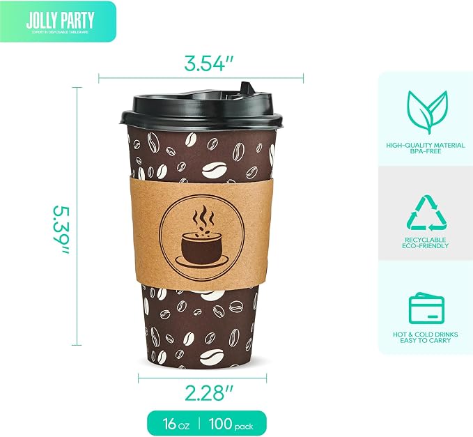 JOLLY PARTY Disposable Coffee Cups with Lids, Sleeves and Straws - 16oz(100 Pack) Paper Coffee Cups with Lids, Durable, BPA Free Hot Cup for Shops, Cafes, and Concession Stands(Dark Brown)