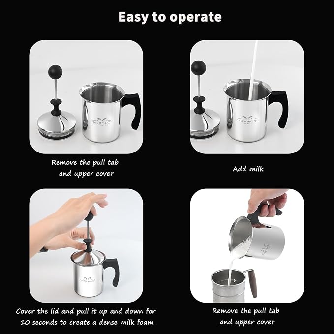 MERMOO YILAN Manual Milk Frother 14oz Stovetop Milk Foamer | for Dairy&Non-dairy milk| Cold&Hot Milk|Not Require Batteries|Thick&Creamy Foam|for Cappuccinos, Lattes, Matcha