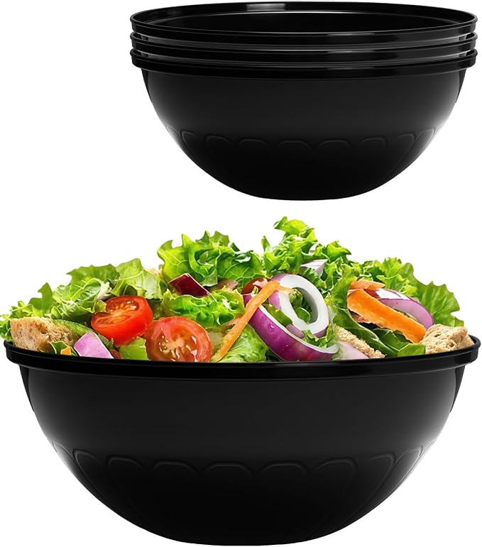 BESTVIP 150 Oz Black Plastic Serving Bowls, 4 Pack | 11.6-Inch Disposable & Reusable Bowls for Salad, Snacks, Chips & Candy, Stackable for Parties, Holidays & Meal Prep