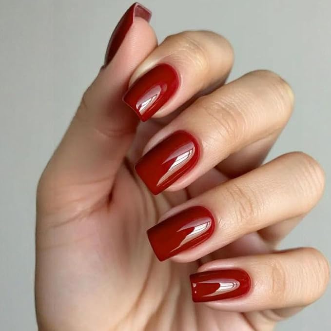 Fall Press on Nails Medium Square Fake Nails with Full Cover Glossy Designs Nails Press ons Red Acrylic Nails Simple Stick on Nails for Women 24 Pcs