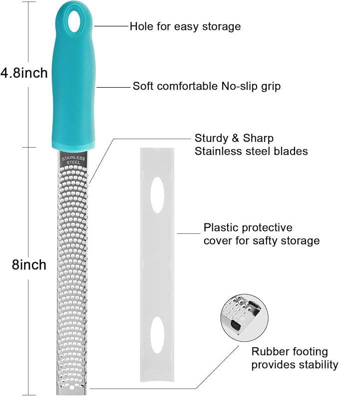 8-Inch Lemon Zester & Cheese Grater, 18/8 Stainless Steel, Blue | Fine 18/8 Stainless Steel Blade for Citrus, Parmesan, Ginger and Garlic, Soft Non-slip Handle, Cover, Dishwasher Safe
