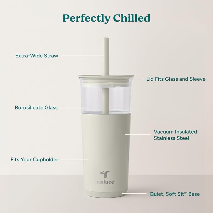 REDUCE Aspen - 20oz Vacuum Insulated Glass Tumbler - Extra Wide Straw & Lid | Keeps drinks cold for 12 hours, ideal for iced coffee, smoothies & boba, dishwasher safe, soft base