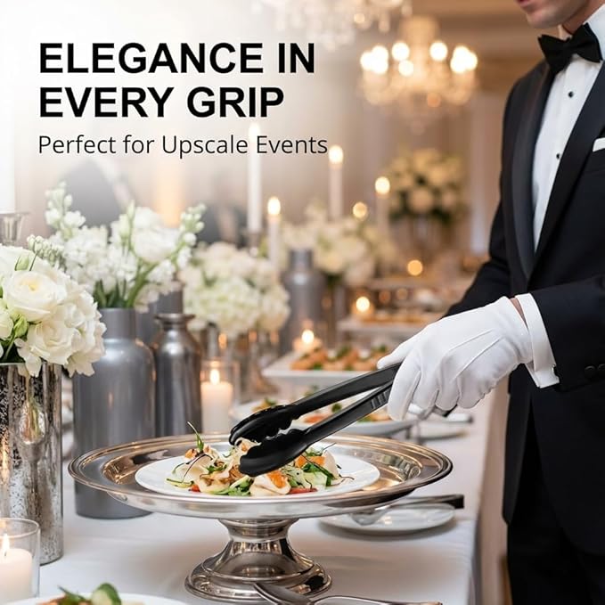 Plastic Tongs for Serving (Pack of 12) 9 Inch - Heavy-Duty Hard Plastic Reusable or Disposable Serving Tongs for Catering, Dinner Parties, Banquets, Buffets, Events, Weddings and Everyday Use, Black