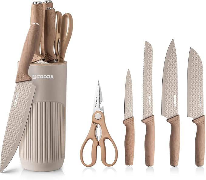 Kitchen Knife Set With Block,6-Piece Professional Chef Cooking Knives Set For Kitchen,Non-Stick Stainless Steel Knife Block Set