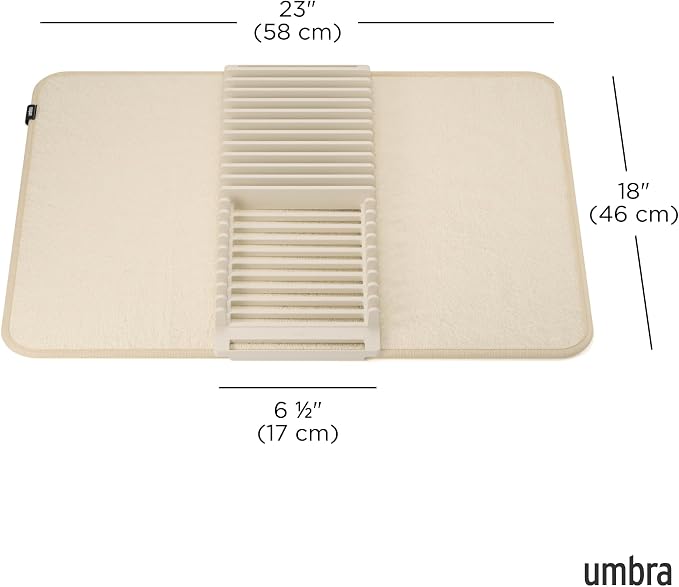 Umbra Udry Dish Drying Rack with Mat, Folds Flat for Storage, Linen | Protects countertop, BPA-free, recycled plastic construction