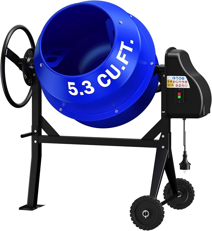 5.3 Cu.Ft. 1HP Electric Cement Mixer, 750W Portable Concrete Mixer Machine with Stand & Wheels, for Stucco, Mortar, Seeds - 2026 Upgraded (Blue)