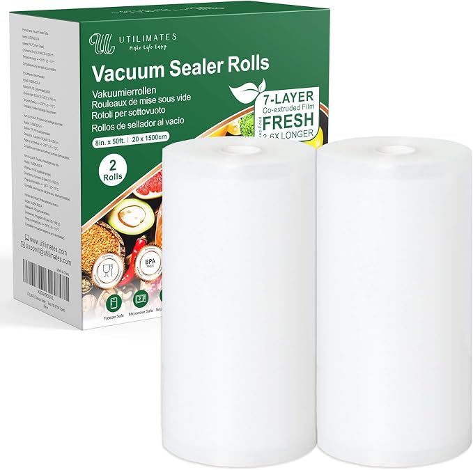Vacuum Sealer Bags for Food, 8 Inch 50 Feet Custom Size 2-pack | Heavy Duty BPA-free Vacuum Sealer Bags Rolls for Food Saver, Freezer Food Storage, Seal a Meal, Sous Vide, Meal Prep