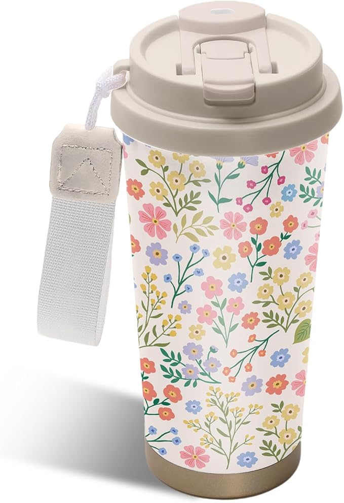 Floral Tumbler Stainless Steel 2-in-1 Lid Coffee Tumbler 18 oz Flowers Aesthetic Insulated Travel Coffee Mug Floral Water Bottle for Women Girls Birthday Christmas