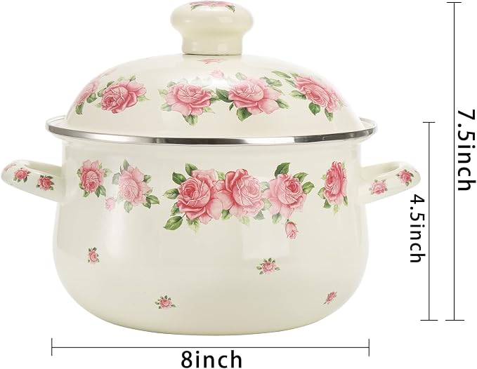 SOUJOY Enamel Stockpot with Lid, 2.8 Quart Retro Cooking Pot, Vintage Floral Stew Bean Simmer Pot with Handle, Kitchen Soup Pot, Safe for Induction Cookers, Gas Stove