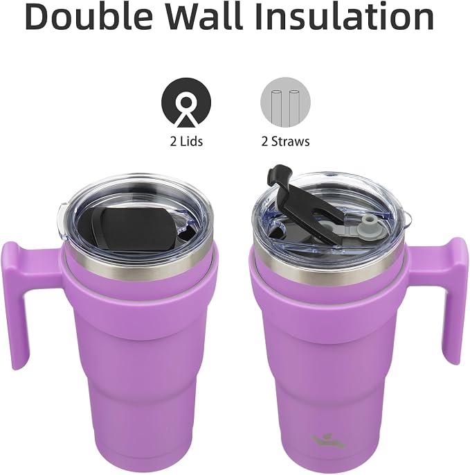 Konokyo 20 oz Tumbler with Handle and Straw, Insulated Travel Mug | Lavender; BPA-free, leak-proof tumbler with 2 lids, 2 straws, cup holder fit for coffee, office, travel & daily use