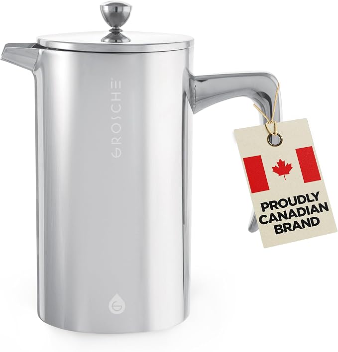 GROSCHE Dublin Double Wall Stainless Steel French Press, 8 Cup, 34 oz | Fine-Mesh Filter Reduces Grit, Insulated Body Retains Heat, Dishwasher-Safe Parts Simplify Cleanup for Daily Hot or Cold Brew