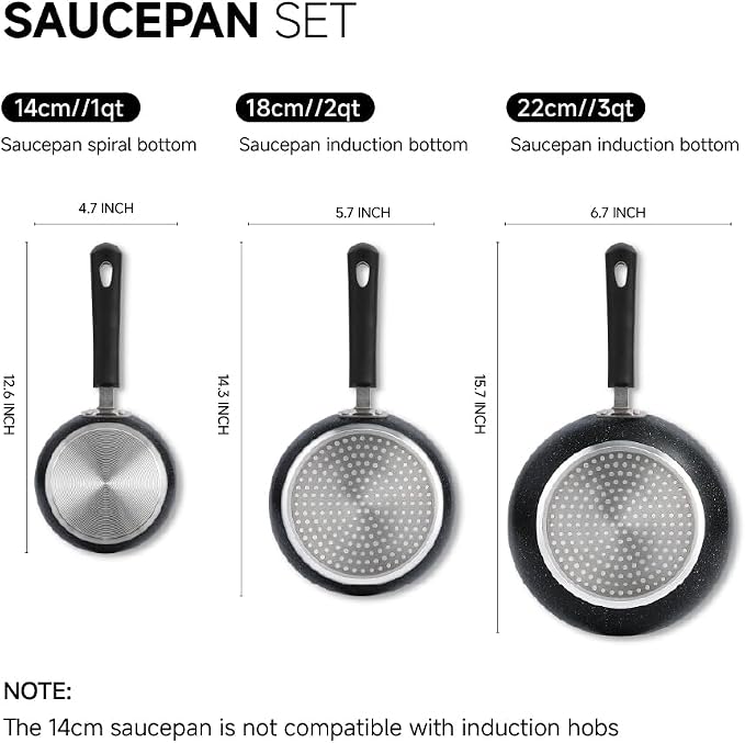 Nonstick Saucepan Set - 3-Pieces Pot Set 1 Quart & 2 Quart & 3 Quart,Ultra Non Stick Sauce Pan Small Pot with Glass Lid,Great for Home Kitchen Restaurant,Black