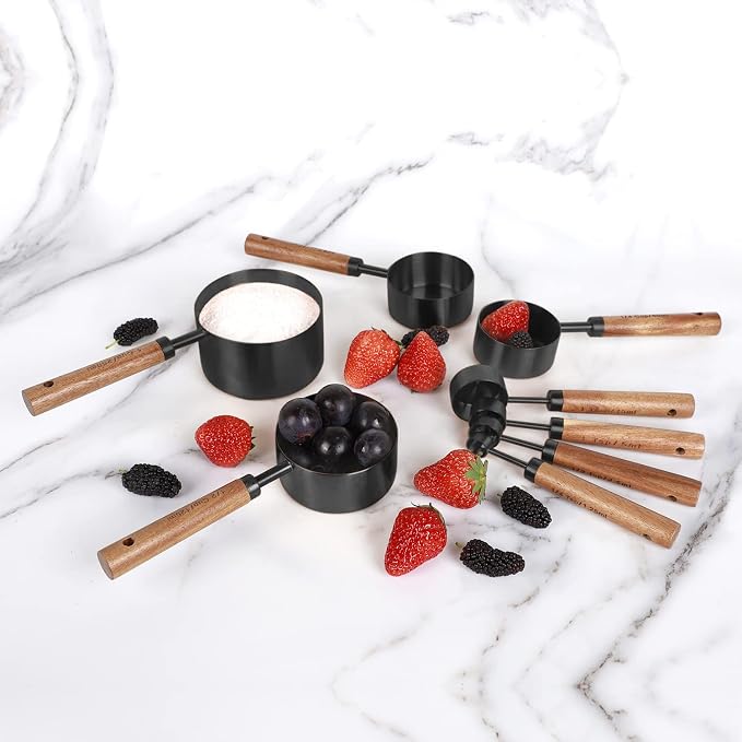 8-Piece Stainless Steel Measuring Cups and Spoons, Acacia Handles, Black