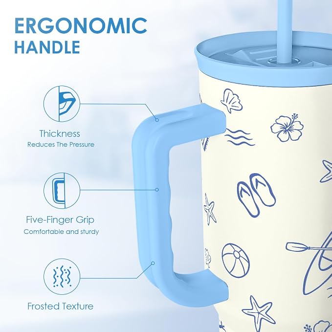 SANDJEST Beach 40oz Tumbler with Handle and Straw, Insulated Stainless Steel Travel Coffee Mug for Women Girls Beach Lovers, Gift Idea for Birthday Christmas Mothers Day Summer Vacation (Blue)