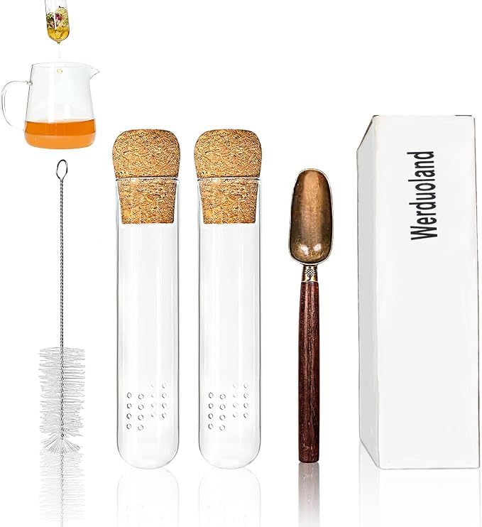 2 PCS Glass Loose Tea Infuser with Cork Lid Spoon Brush | Fine round filter holes, leaf-proof, reusable glass infuser, cork lid, tea spoon, cleaning brush, easy clean