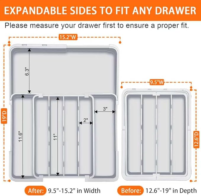 Silverware Drawer Organizer Tray, Adjustable Cutlery Storage for Kitchen, Expandable Flatware and Utensil Holder Divider for Spoons Forks Knives Tableware, 15 x 19, 4-7 Slots, Gray