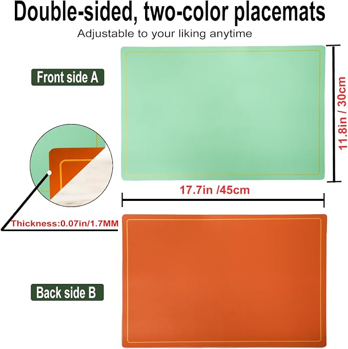 Faux Leather Placemats Set of 6, 11.8"x17.7", Green & Orange | Reversible Table Mats, Waterproof, Stain & Heat Resistant, Easy Clean for Dining, Gatherings, Outdoor