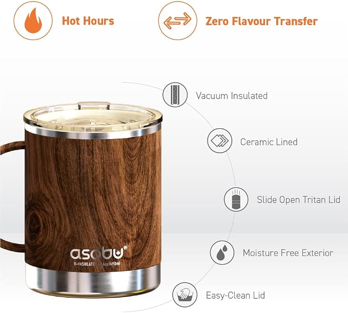 asobu Ultimate Stainless Steel Ceramic Inner Coating Coffee Mug with Double Walled Copper Lining Insulation, 12 Ounces -(Wood)