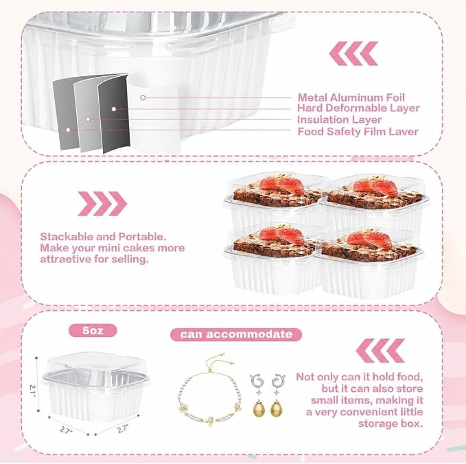 60Pack 5oz White Mini Cake Pans with Lids Baking Cups Aluminum Foil Pans Tins, Individual Dessert Cups Containers for Sales,Party,Picnics