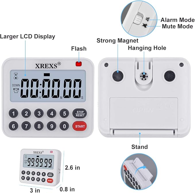 XREXS Digital Kitchen Timer Magnetic Countdown Up Cooking Loud Alarm | Mute Optional Magnet and Stand, Large Display Classroom Timer for Teachers (2 Batteries Included) Upgraded Version