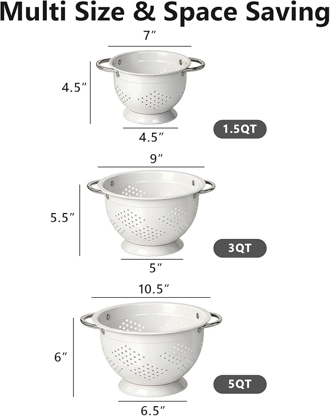Colander Set for Kitchen, 1.5, 3, 5 Qt Food Strainers and Colanders | Stainless Steel Handle,Strainers and Colanders For Pasta, Vegetables, and Fruits, Coated Metal, Kitchen Essential
