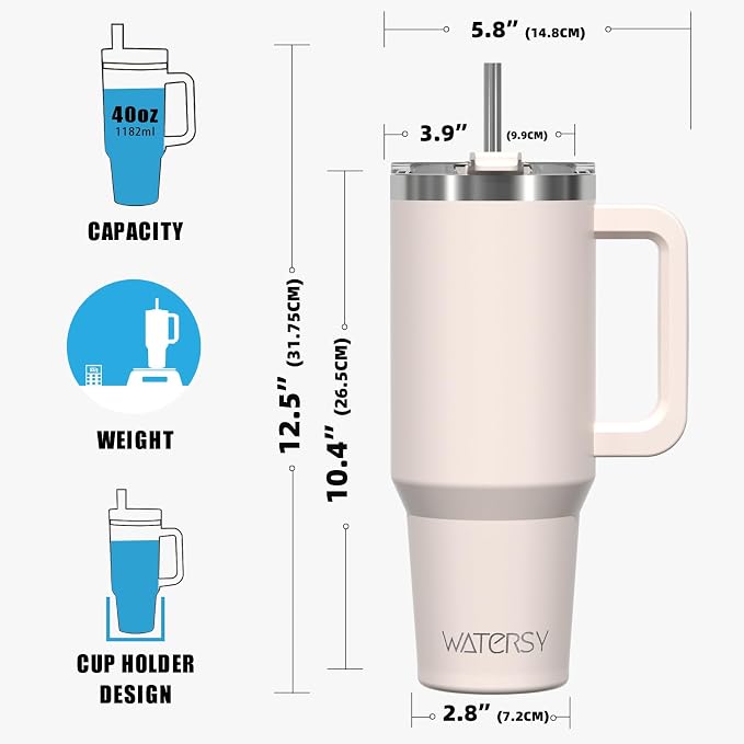 40 oz Tumbler with Handle,Tumbler with Lid and Straw,Double Wall Insulated Cup Stainless Steel Travel Mug(Cold for 34 Hours),Water Bottle for Iced Tea,Coffee,Cold Beverages(Ivory Beige)