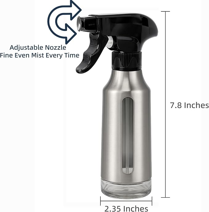 Oil Sprayer for Cooking 180ml, Olive Oil Mister with Fine Mist Trigger, Stainless Steel Refillable Glass Dispenser Bottle 6.35oz for Air Fryer BBQ Salad & Baking (Black+Stainless Steel)