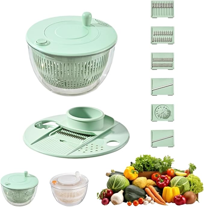 3 In 1 Salad Spinner Slicer Chopper, 2026 Upgraded Small Salad Spinner 5 Blades Slicing And Pureeing Vegetables Wash Bowl Kitchen Gadgets For Efficient Salad Preparation Food Washing (Green) | Blue